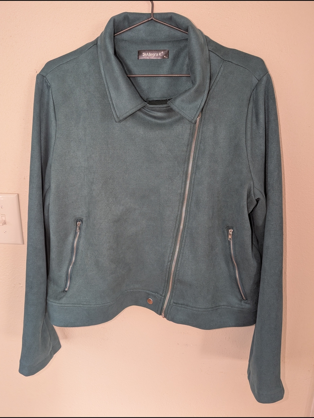 Allegra K Teal Suede-Style Asymmetrical Zip Moto Jacket